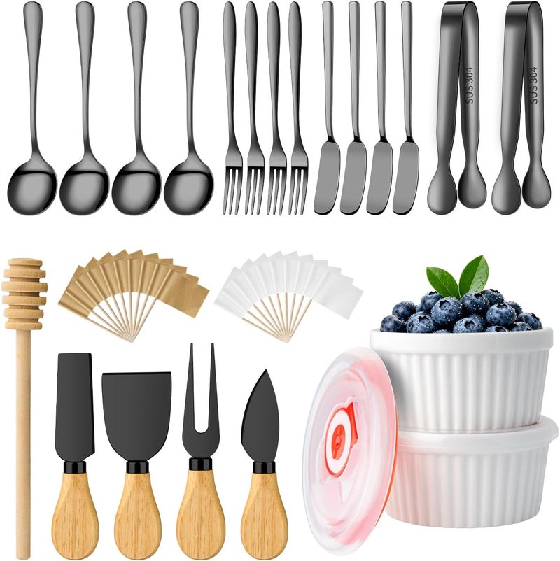 ELIMTEC Charcuterie Boards Accessories Bowls with Lids, Cheese Butter Spreader Knife Set Mini Serving Tongs, Forks, Spoons,Dipping Bowls, Toothpick Flags, Honey Dippers For Party Platter Making (Black) - Image 1